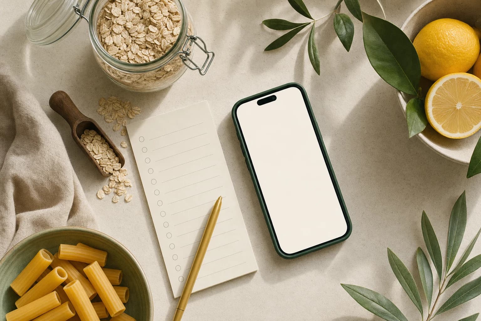 Oats, pasta, lemons, a grocery list, and a phone on a kitchen table
