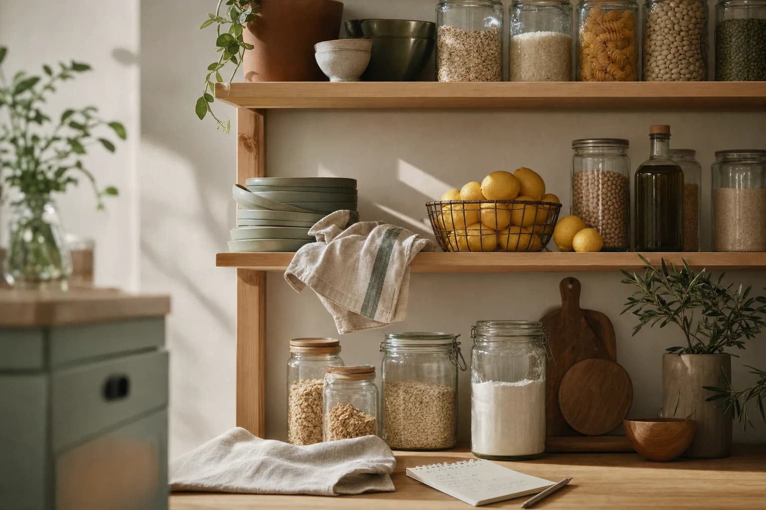 Warm pantry shelves with jars, lemons, and a handwritten grocery note